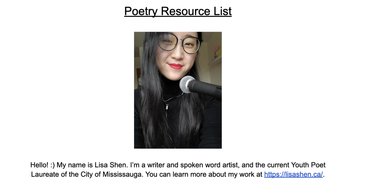 Poetry Resource List by Mississauga Youth Poet Laureate, Lisa Shen!