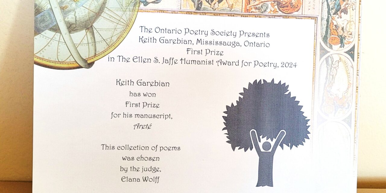 Keith Garebian awarded the Ellen S. Jaffe Humanist Poetry Award from the Ontario Poetry Society