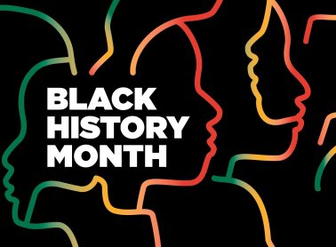 Graphic reading "Black History Month" in bold text on top of black background. the background is overlayed with outlines of faces in the colours red, yellow, and green.